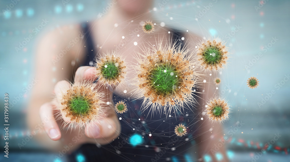 Poster woman analyzing bacteria on microscopic close-up 3d rendering