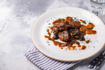 Delicious braised beef. Braised beef meat stew. Copy space.