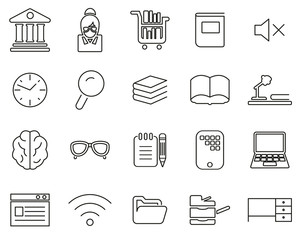 Library Or Study Icons Black & White Thin Line Set Big