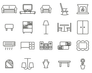 Living Room Furniture Icons Black & White Thin Line Set Big