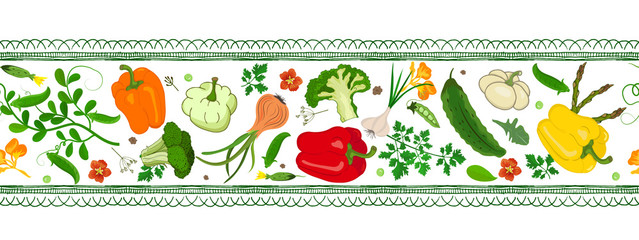 Horizontal border with fresh vegetables on a white background