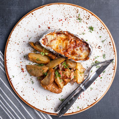 Baked chicken fillet  with tomatoes, mozzarella. Top view