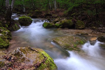 Stream with waterfall and mossy stones around