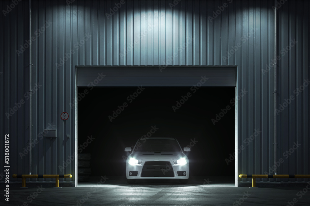 Wall mural car in the garage with roller shutter door. 3d render