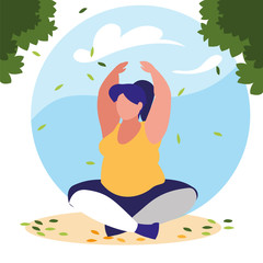 woman outdoors practicing yoga with background landscape