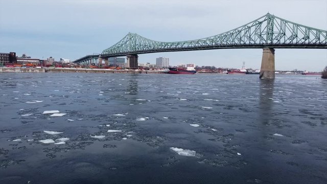 Montreal Jacque Cartier Bridge with ice on the St-Lawrence River