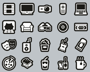Movie Night At Home Icons White On Black Sticker Set Big