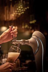 Fototapeta na wymiar Close up chrome tap bartender holding a glass during pouring cold draft beer from dispenser, selective focus, background copy space, night time