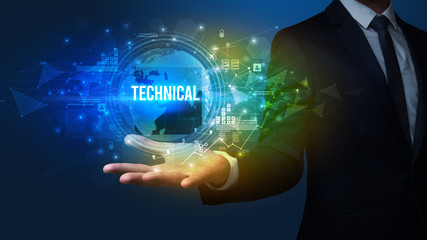 Elegant hand holding TECHNICAL inscription, digital technology concept