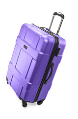 Big purple plastic luggage bag with wheels for travel