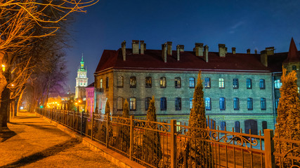 Naklejka premium Night Lviv old city architecture in the Christmas