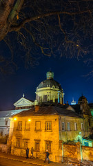 Night Lviv old city architecture in the Christmas