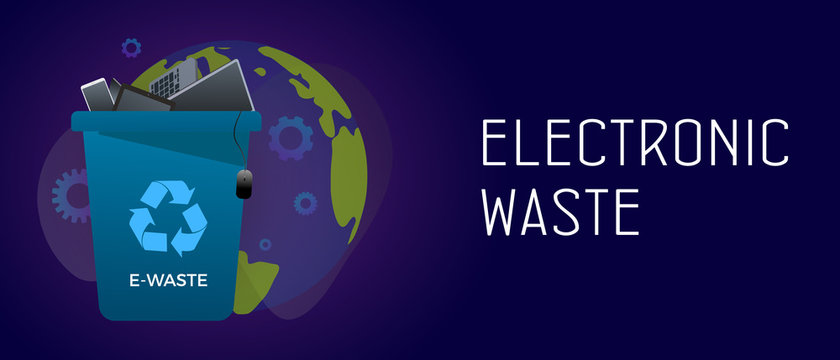 Electronic waste management horizontal banner concept - waste recycle container bin with old electronic equipment - laptop, phone, keyboard, computer. Header and footer banner template with text