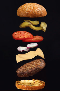 parts of burgers on a black background