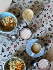 fruit with milk and coffee top view