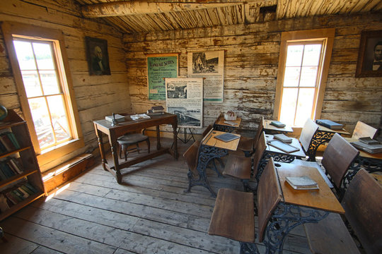 Cody, USA - August 14, 2019 : One-room schoolhouse in Old Trail Town, collection of historic western buildings near Cody in Wyoming