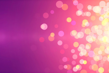 Bright purple bokeh lights abstract background. Flying pink particles or dust. Vivid lightning. Merry christmas design. Blurred light dots. Can use as cover, banner, postcard, flyer.