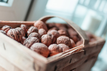 Walnuts in a wooden box
