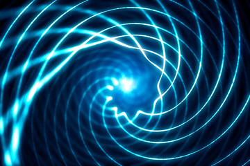 Abstract blue background. Neon lights. Glowing tunnel. Bright vibrant dots. laser illumination.