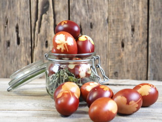 Easter. Coloring eggs for Easter onion peel. The traditional method of natural coloring. Eggs in a...