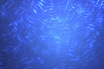 Fototapeta na wymiar Bright blue bokeh lights abstract background. Flying particles or dust. Vivid lightning. Merry christmas design. Blurred light dots. Can use as cover, banner, postcard, flyer.
