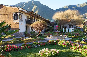The  beautiful gardens and grounds at a hotel located in the Sacred Valley in Peru - obrazy, fototapety, plakaty