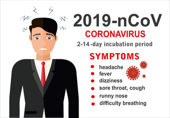 Wuhan coronavirus 2019-nCoV concept.Dangerous chinese nCoV coronavirus, SARS pandemic risk alert. Symptoms. Chinese virus. Vector illustration