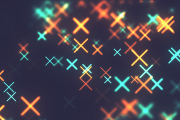 Game style motion background. Cross glowing neon particles. Blue and orange color.