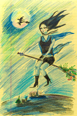 A witch flying above the village at night, hand drawn with color pencils on lined paper