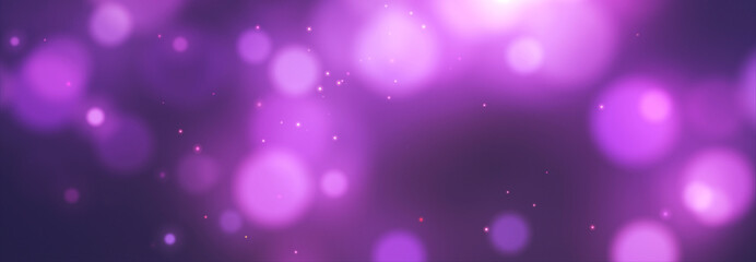 Bright violet bokeh lights abstract background. Flying purple particles or dust. Vivid lightning. Merry christmas design. Blurred light dots. Can use as cover, banner, postcard, flyer. - obrazy, fototapety, plakaty