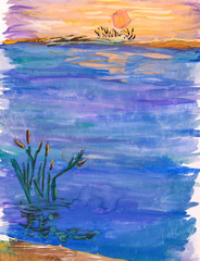 Fototapeta na wymiar Sunset on a lake. A hand drawn gouache landscape.