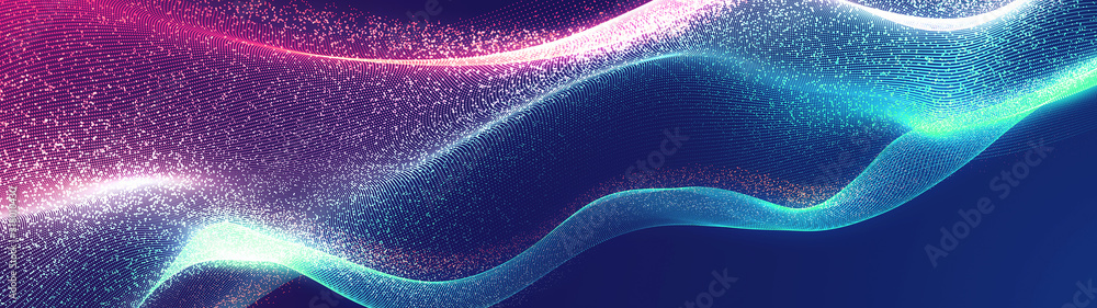 Poster bright wavy background. glowing dots and lines. neon light. wave element for design. smooth particle