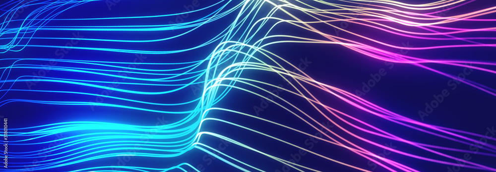 Poster bright wavy background. glowing dots and lines. neon light. wave element for design. smooth particle