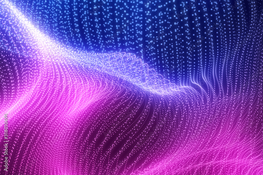Poster bright wavy background. glowing dots and lines. neon light. wave element for design. smooth particle