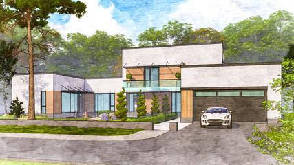 Modern private residential house stylized as a graphic