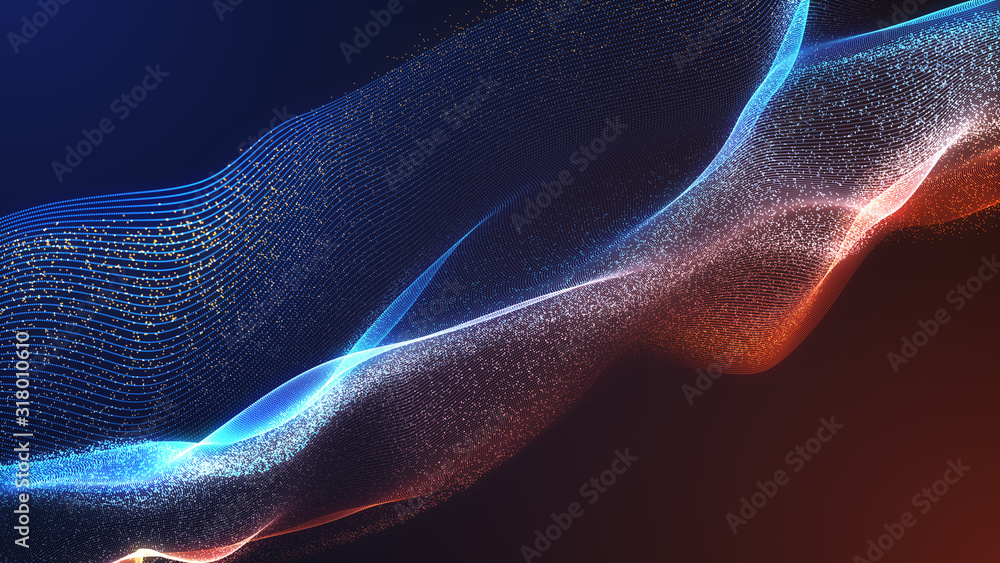 Poster bright wavy background. glowing dots and lines. neon light. wave element for design. smooth particle