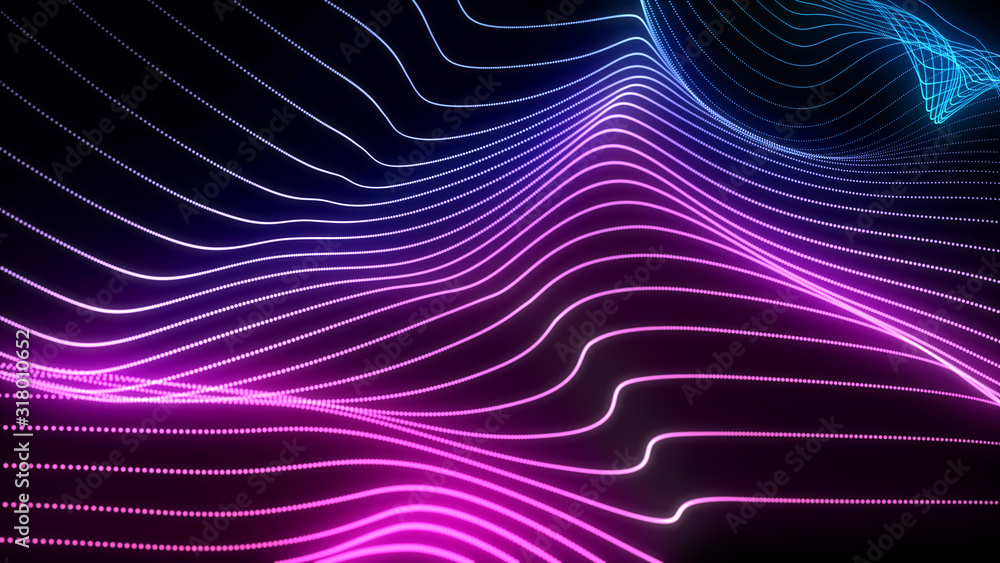 Poster bright wavy background. glowing dots and lines. neon light. wave element for design. smooth particle