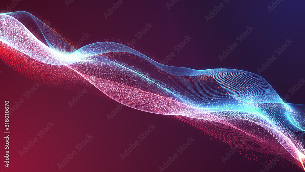Poster bright wavy background. glowing dots and lines. neon light. wave element for design. smooth particle