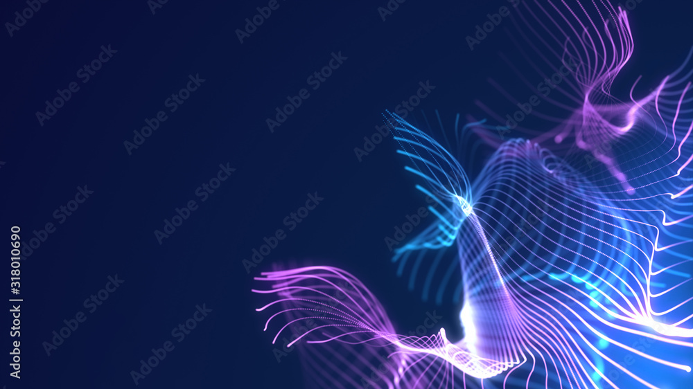 Poster bright wavy background. glowing dots and lines. neon light. wave element for design. smooth particle