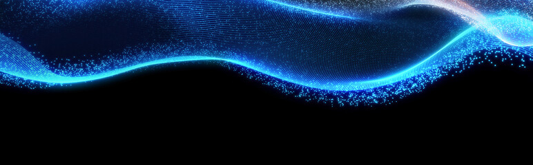 Bright wavy background. Glowing dots and lines. Neon light. Wave element for design. Smooth particle waves. Dynamic techno wallpaper. Blue color