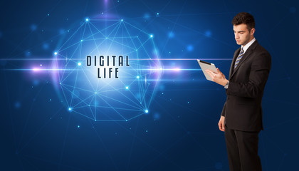 Businessman thinking about security solutions with DIGITAL LIFE inscription