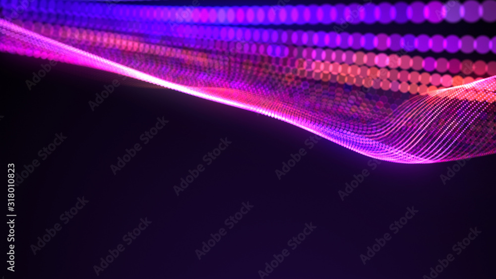 Poster bright wavy background. glowing dots and lines. neon light. wave element for design. smooth particle