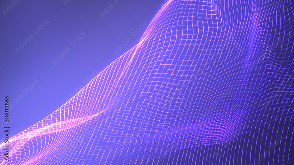 Poster bright wavy background. glowing dots and lines. neon light. wave element for design. smooth particle