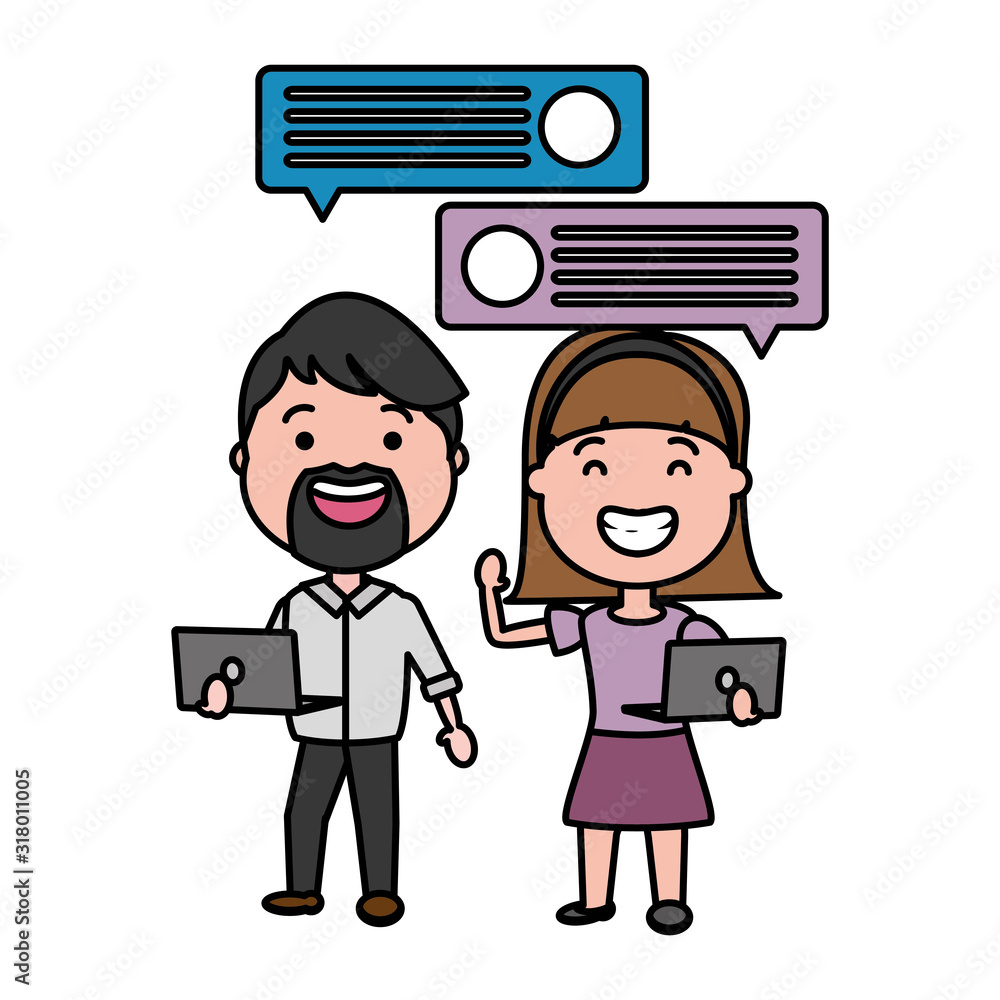 Sticker couple with laptop and speech bubble