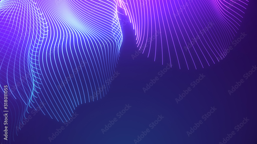 Poster bright wavy background. glowing dots and lines. neon light. wave element for design. smooth particle