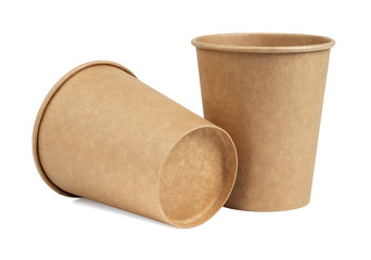 Paper cups for cold and hot drinks isolated on white