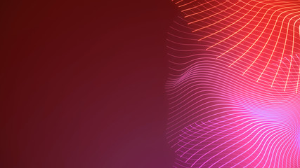 Bright wavy background. Glowing dots and lines. Neon light. Wave element for design. Smooth particle waves. Dynamic techno wallpaper. Red and pink colors