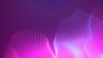Bright wavy background. Glowing dots and lines. Neon light. Wave element for design. Smooth particle waves. Dynamic techno wallpaper.Blue and pink colors