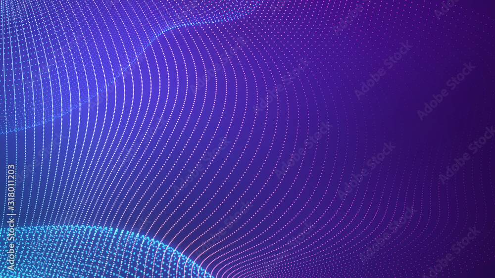 Poster bright wavy background. glowing dots and lines. neon light. wave element for design. smooth particle