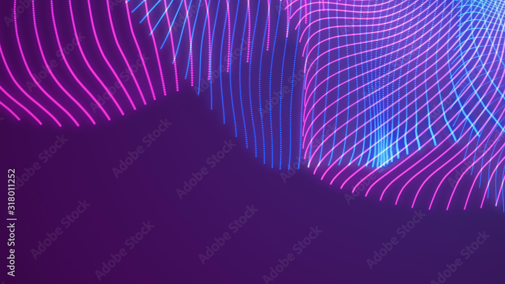 Poster bright wavy background. glowing dots and lines. neon light. wave element for design. smooth particle
